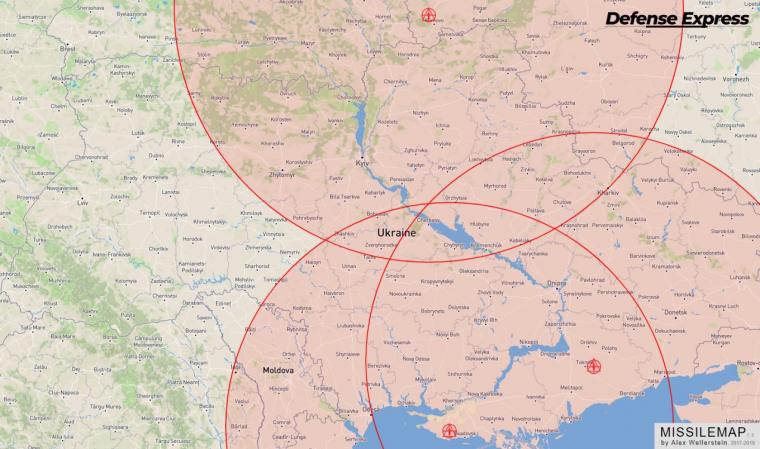 χάρτης - ακτίνες βεληνεκούς των ρωσικών πυραύλων Kh-69 από πιθανά σημεία εκτόξευσης
