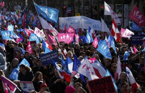 People wave trademark pink. blue and white flags during a protest march called, "La Manif pour Tous" (Demonstration for All) against France's legalisation of same-sex marriage and to show their support of traditional family values, in Paris