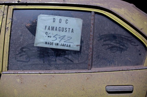 An import sticker on the window of a car in the buffer zone in Nicosia