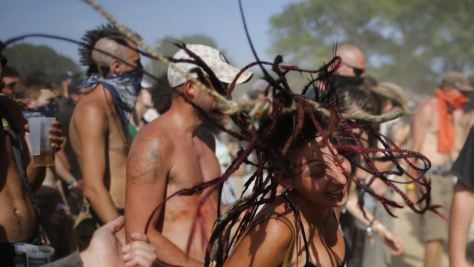 Festival-goers react during the Hellfest music Festival in Clisson