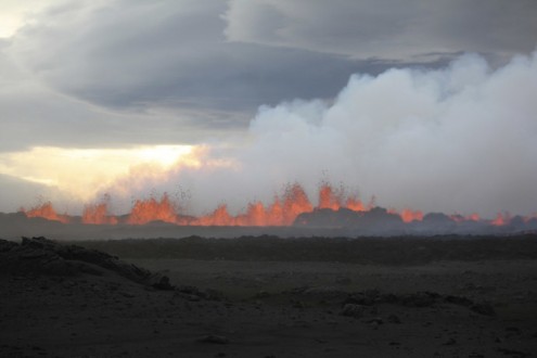 View of lava flowing on the ground after the eruption of Bardabunga volcano