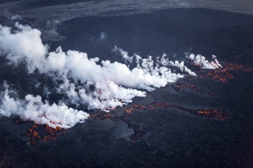 Picture shows magma along a 1-km-long fissure in a lava field north of the Vatnajokull glacier, which covers part of Bardarbunga volcano system