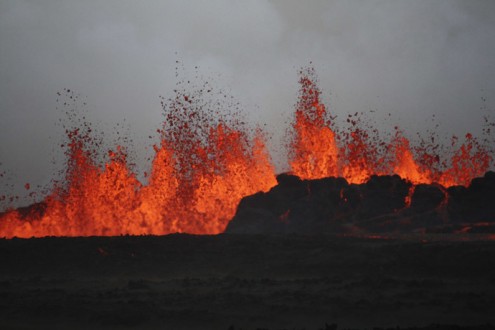 View of lava flowing on the ground after the eruption of Bardabunga volcano