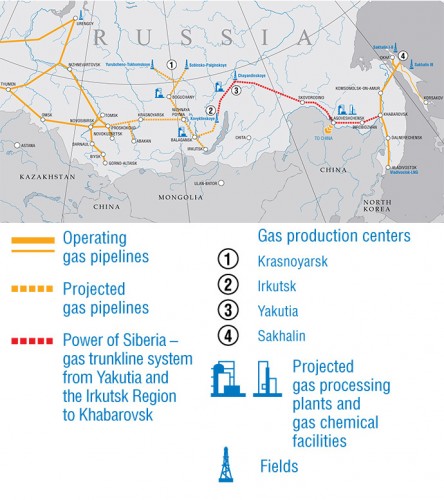O χάρτης των πόρων φυσικού αερίου και το σύστημα μεταφοράς φυσικού αερίου στην Ανατολική Ρωσία (Πηγή: Gazprom)