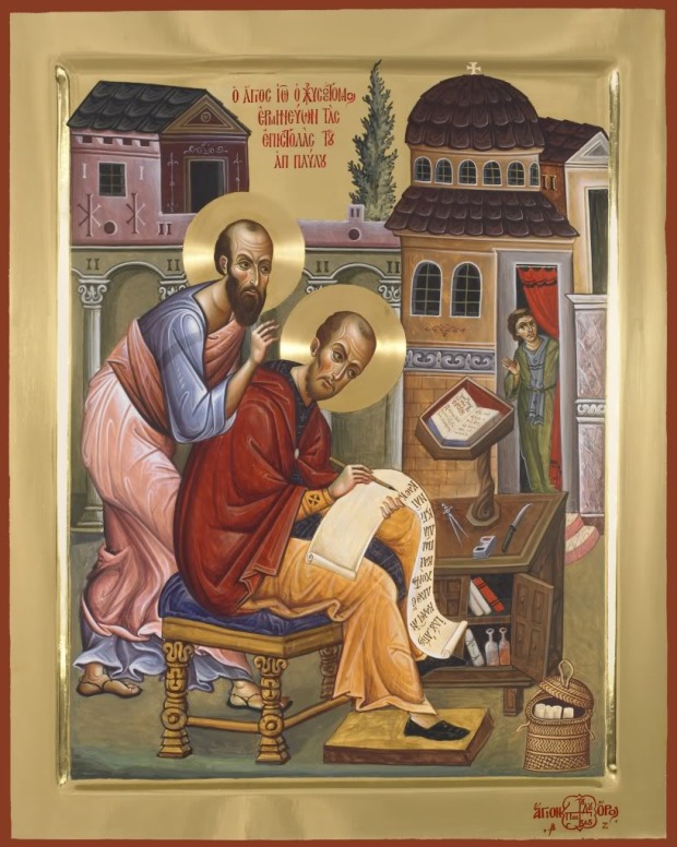 Ο Απόστολος Παύλος υπαγορεύει  στο αυτί του Αγίου Ιωάννη του  Χρυσόστομου. Εικόνα από το  Αγιογραφείο της ΙΜΜ Βατοπαιδίου.