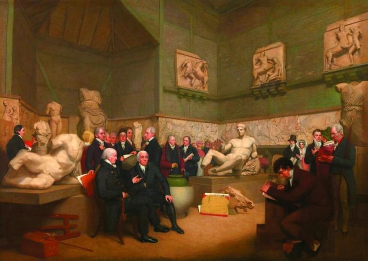«Η προσωρινή αίθουσα για τα Γλυπτά του Ελγιν» (1819). Στον πίνακα του Αρτσιμπαλντ Αρτσερ απεικονίζονται άτομα του προσωπικού, ένας επιμελητής και επισκέπτες