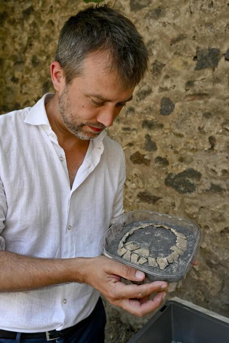Ο διευθυντής του Αρχαιολογικού Πάρκου της Πομπηίας, Gabriel Zuchtriegel, κρατάει στα χέρια του τη χελώνα που βρέθηκε σε ανασκαφή (ANSA/CIRO FUSCO)
