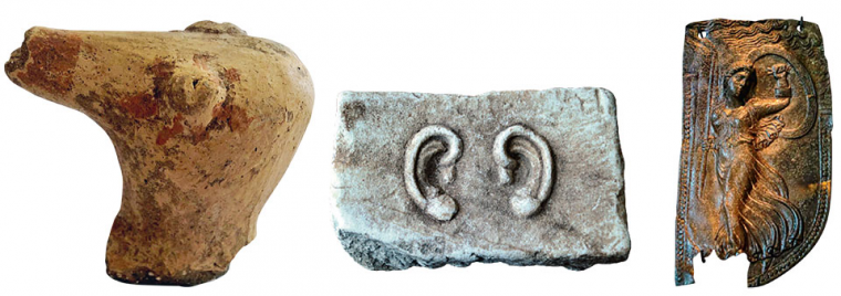 Από αριστερά: πήλινο ειδώλιο ζώου νεολιθικής περιόδου από τις ανασκαφές στη θέση «Βραστερό», αφιερωματικό ανάγλυφο με απεικόνιση αυτιών και χάλκινο εξάρτημα κράνους με την πτερωτή Νίκη που εκτίθεται στο Αρχαιολογικό Μουσείο Θεσσαλονίκης, προϊόντα αρχαιοκαπηλίας που κατασχέθηκαν.