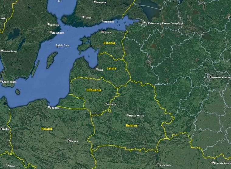 χάρτης - σύνορα βαλτικών κρατών με Ρωσία και Λευκορωσία