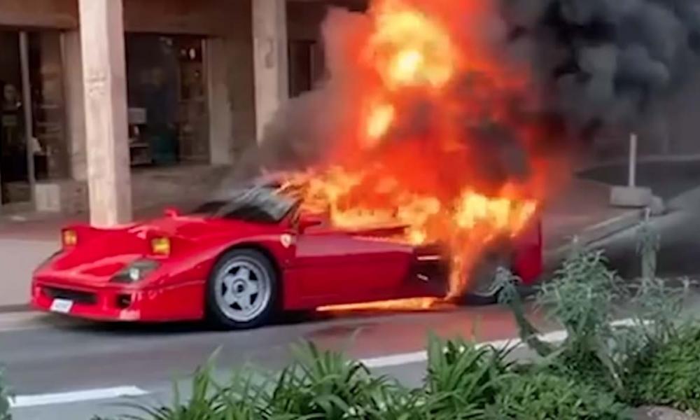 Ferrari F40 on fire at Monaco