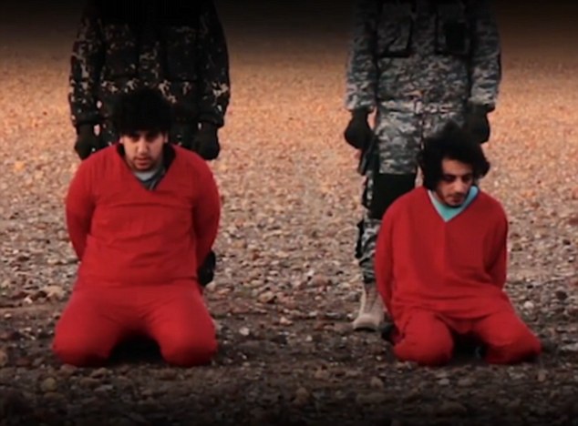The terror group's captives (pictured), dressed in orange jumpsuits, were filmed 'confessing' in Arabic to spying for British security service