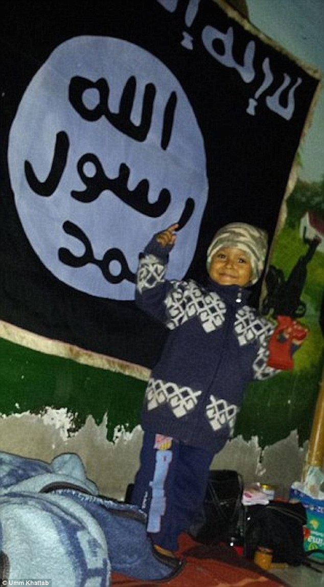 Another picture of a youngster posing with a toy gun in front of an ISIS flag in 2014 and thought to be Dare's son, also bears a similarity to the child. It was tweeted by Londoner Umm Khattab, the teenaged widow of an ISIS fighter with the caption: 'Next generation, Bi'ithnillah (God willing)' 