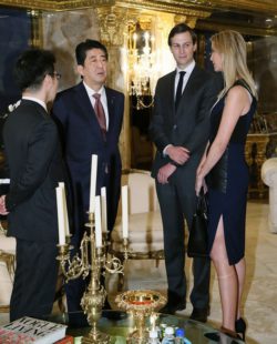 This handout picture, released by Japan's Cabinet Secretariat on November 18, 2016 shows Japanese Prime Minister Shinzo Abe (2nd L) being welcomed by Ivanka Trump (R) and her husband Jared Kushner (2nd R) during a meeting with US President-elect Donald Trump (not pictured) in New York. Abe voiced confidence on November 17 about Trump as he became the first foreign leader to meet the US president-elect, who was narrowing in on cabinet choices. / AFP PHOTO / Cabinet Secretariat / HO / HANDOUT RESTRICTED TO EDITORIAL USE - MANDATORY CREDIT "AFP PHOTO / CABINET SECRETARIAT" - NO MARKETING - NO ADVERTISING CAMPAIGNS - DISTRIBUTED AS A SERVICE TO CLIENTS