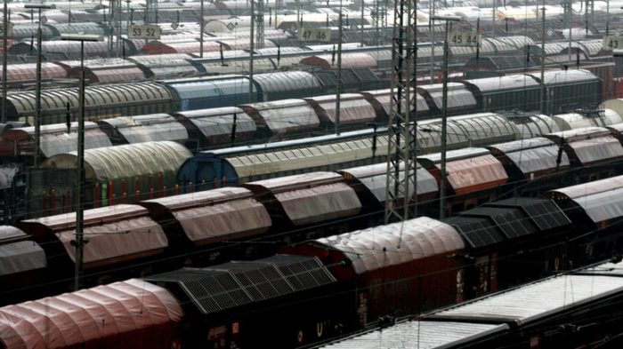Cargo trains are parked at a cargo train station in Hagen, November 8, 2007. German rail workers started a 42-hour strike of nationwide freight routes at noon on Thursday, a walkout that threatens to disrupt manufacturers by halting deliveries of raw materials and just-in-time supplies. The GDL union, the smallest of three rail workers unions representing 34,000 train drivers, says its members are underpaid compared with counterparts elsewhere in Europe and is seeking pay rises of up to 31 percent and an independent collective labour agreement. REUTERS/Ina Fassbender (GERMANY) - RTX3QG